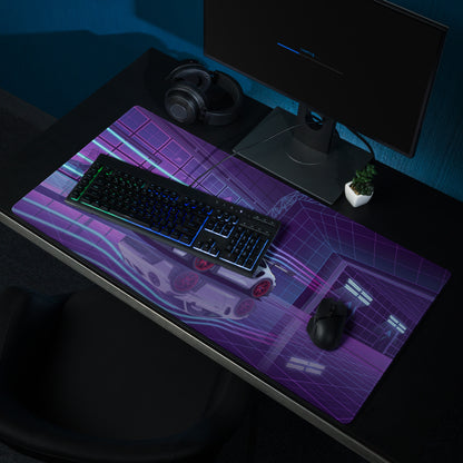 Porsche 911 GT3 RS Inspired White Purple Vaporwave Gaming Mouse Pad – Neon Cyberpunk Showroom Desk Mat with Red Wheels and Retro Futuristic Art
