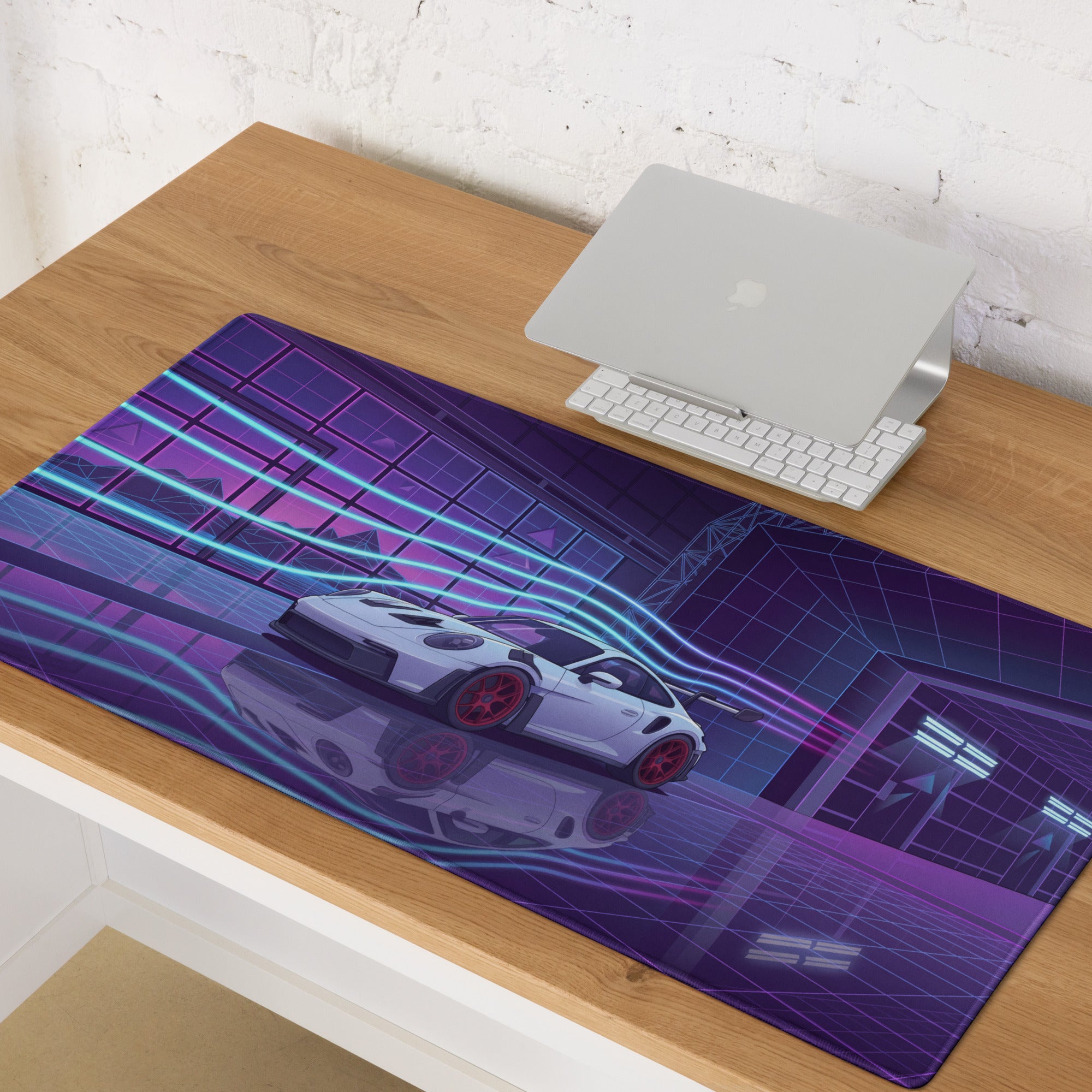 Porsche 911 GT3 RS Inspired White Purple Vaporwave Gaming Mouse Pad – Neon Cyberpunk Showroom Desk Mat with Red Wheels and Retro Futuristic Art