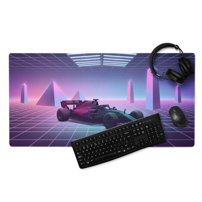 Formula 1 Race Car Inspired Red Teal Vaporwave Gaming Mouse Pad – Neon Retro Futuristic Grid Desk Mat with Synthwave Monuments and Racing Art