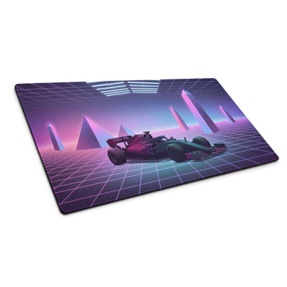 Formula 1 Race Car Inspired Red Teal Vaporwave Gaming Mouse Pad – Neon Retro Futuristic Grid Desk Mat with Synthwave Monuments and Racing Art