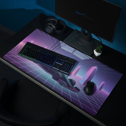 Formula 1 Race Car Inspired Red Teal Vaporwave Gaming Mouse Pad – Neon Retro Futuristic Grid Desk Mat with Synthwave Monuments and Racing Art