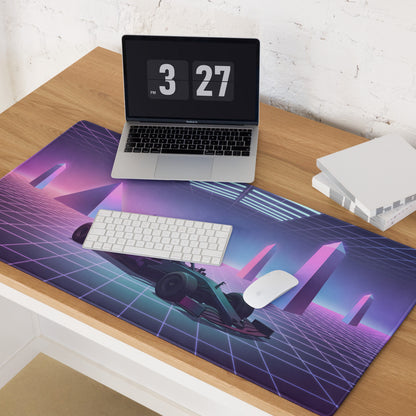 Formula 1 Race Car Inspired Red Teal Vaporwave Gaming Mouse Pad – Neon Retro Futuristic Grid Desk Mat with Synthwave Monuments and Racing Art