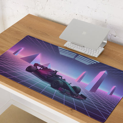 Formula 1 Race Car Inspired Red Teal Vaporwave Gaming Mouse Pad – Neon Retro Futuristic Grid Desk Mat with Synthwave Monuments and Racing Art