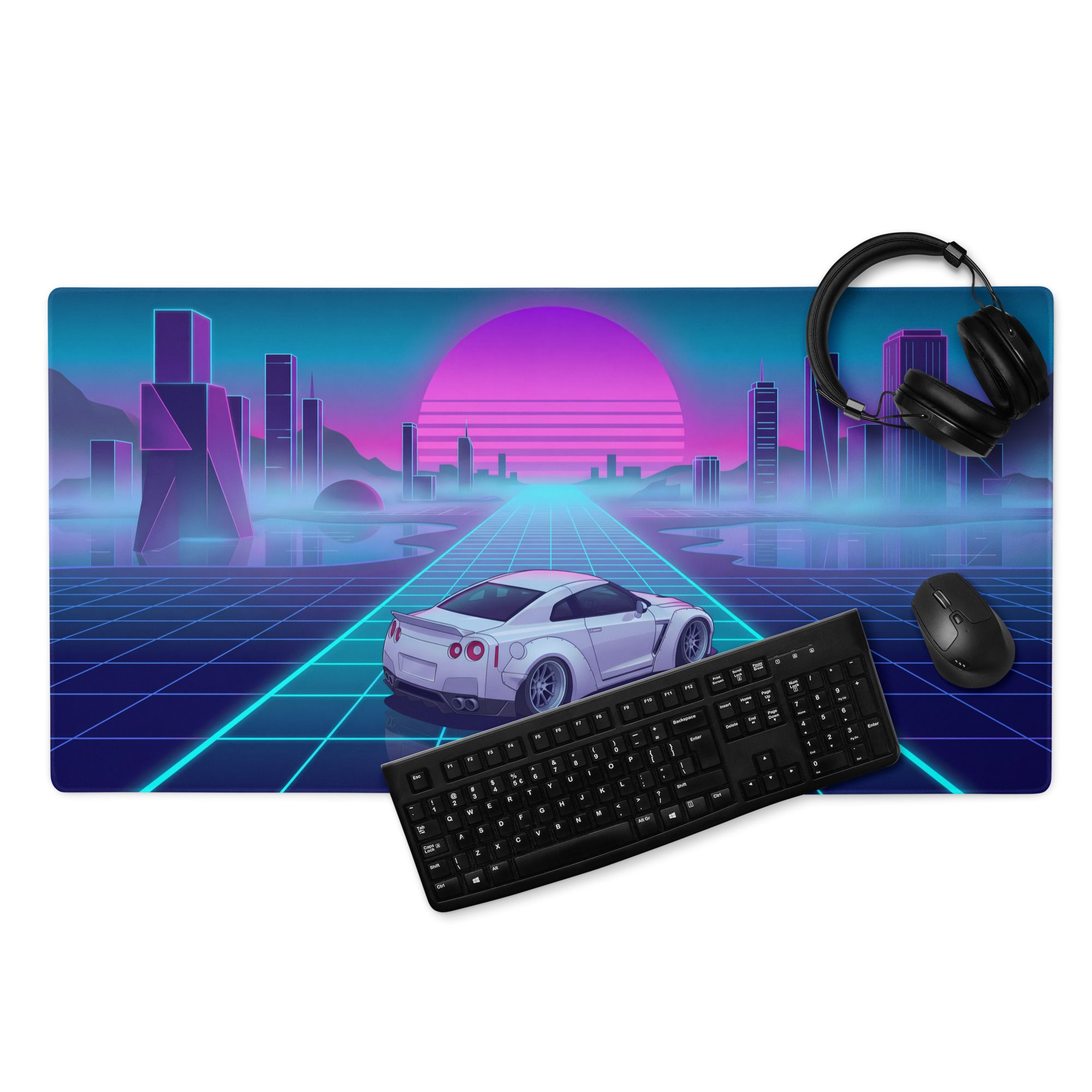 Nissan GT-R R35 Inspired White Vaporwave Gaming Mouse Pad – Neon Cyan Grid Cityscape Desk Mat with Pink Retro Sunset and Futuristic Synthwave Art