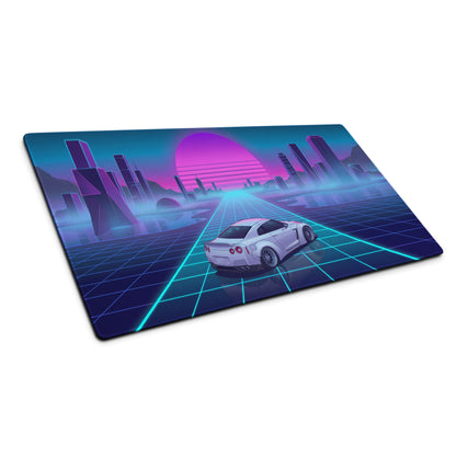 Nissan GT-R R35 Inspired White Vaporwave Gaming Mouse Pad – Neon Cyan Grid Cityscape Desk Mat with Pink Retro Sunset and Futuristic Synthwave Art