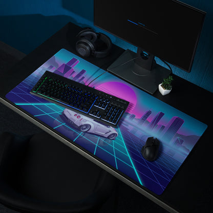 Nissan GT-R R35 Inspired White Vaporwave Gaming Mouse Pad – Neon Cyan Grid Cityscape Desk Mat with Pink Retro Sunset and Futuristic Synthwave Art