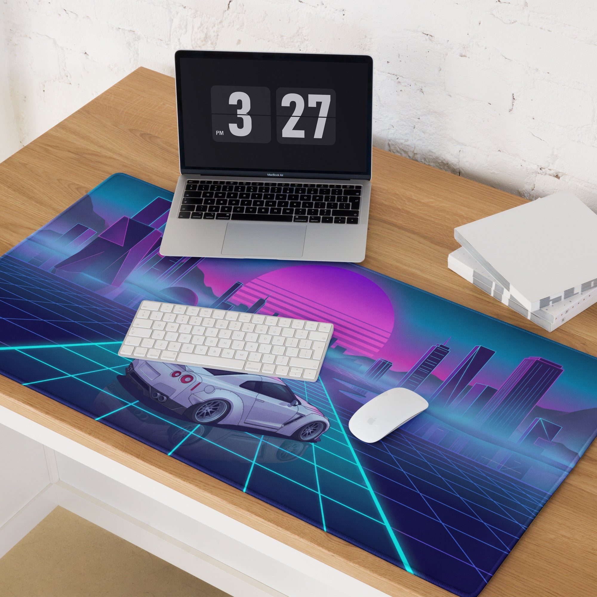 Nissan GT-R R35 Inspired White Vaporwave Gaming Mouse Pad – Neon Cyan Grid Cityscape Desk Mat with Pink Retro Sunset and Futuristic Synthwave Art