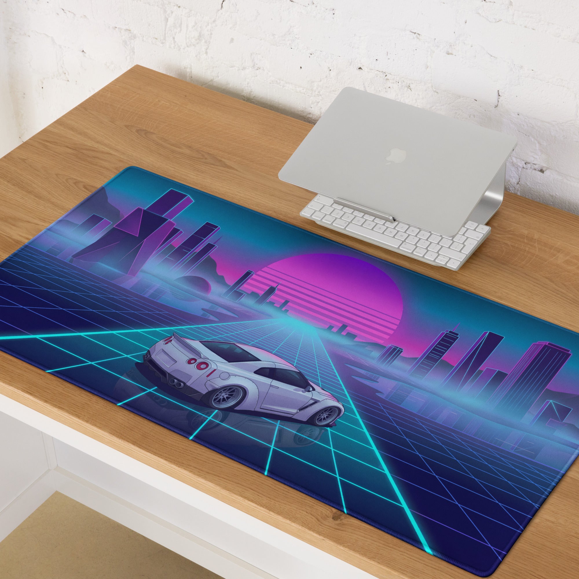 Nissan GT-R R35 Inspired White Vaporwave Gaming Mouse Pad – Neon Cyan Grid Cityscape Desk Mat with Pink Retro Sunset and Futuristic Synthwave Art