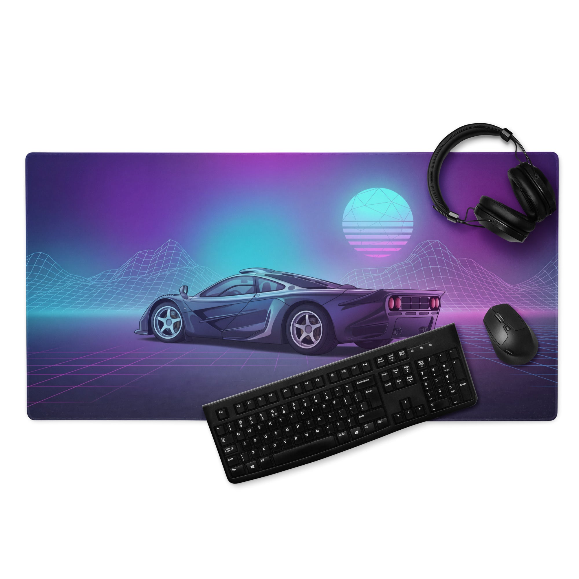 McLaren F1 Inspired Blue Purple Vaporwave Gaming Mouse Pad – Retro Futuristic Neon Grid Desk Mat with Synthwave Mountains and Sunset Art