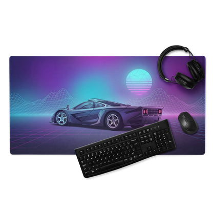 McLaren F1 Inspired Blue Purple Vaporwave Gaming Mouse Pad – Retro Futuristic Neon Grid Desk Mat with Synthwave Mountains and Sunset Art