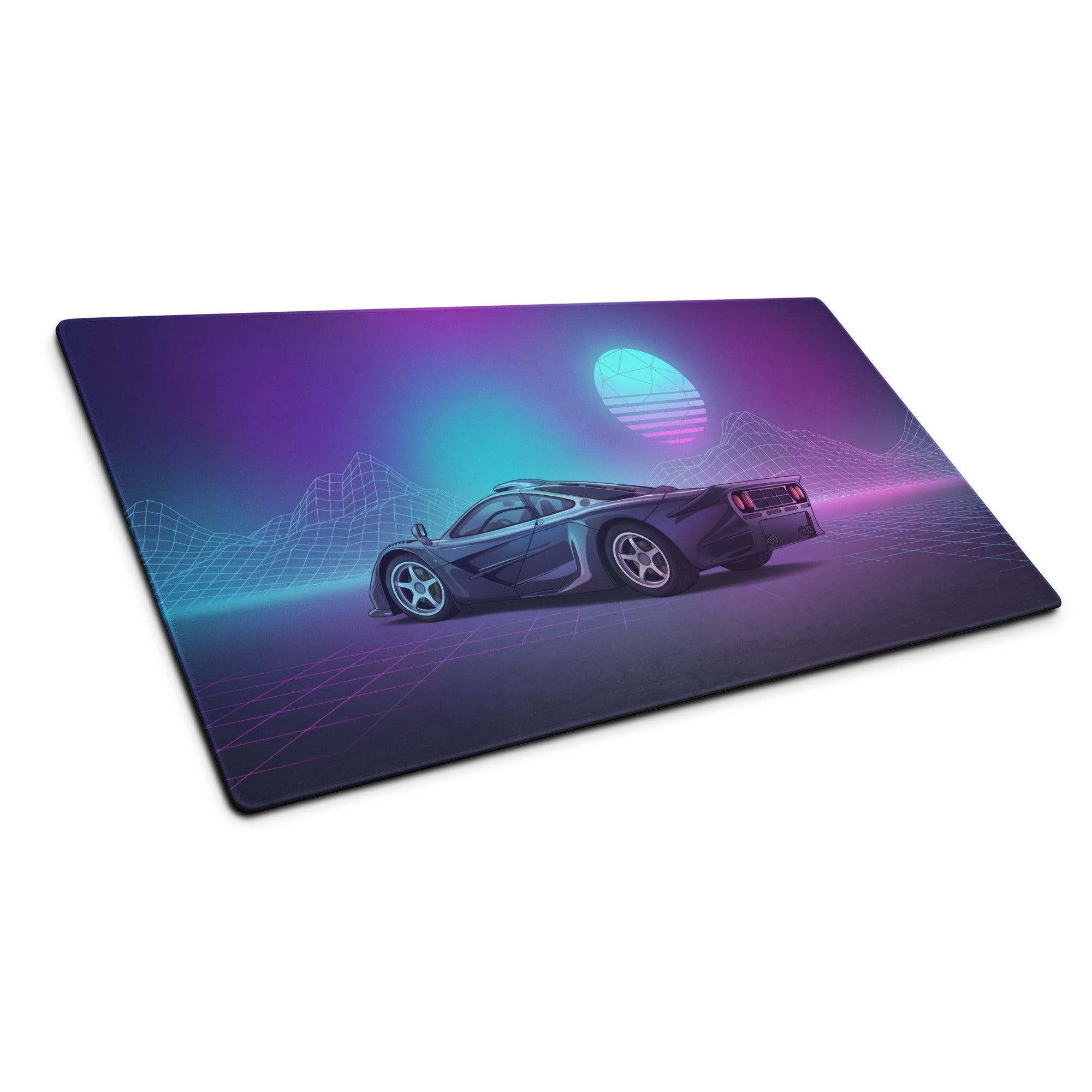 McLaren F1 Inspired Blue Purple Vaporwave Gaming Mouse Pad – Retro Futuristic Neon Grid Desk Mat with Synthwave Mountains and Sunset Art