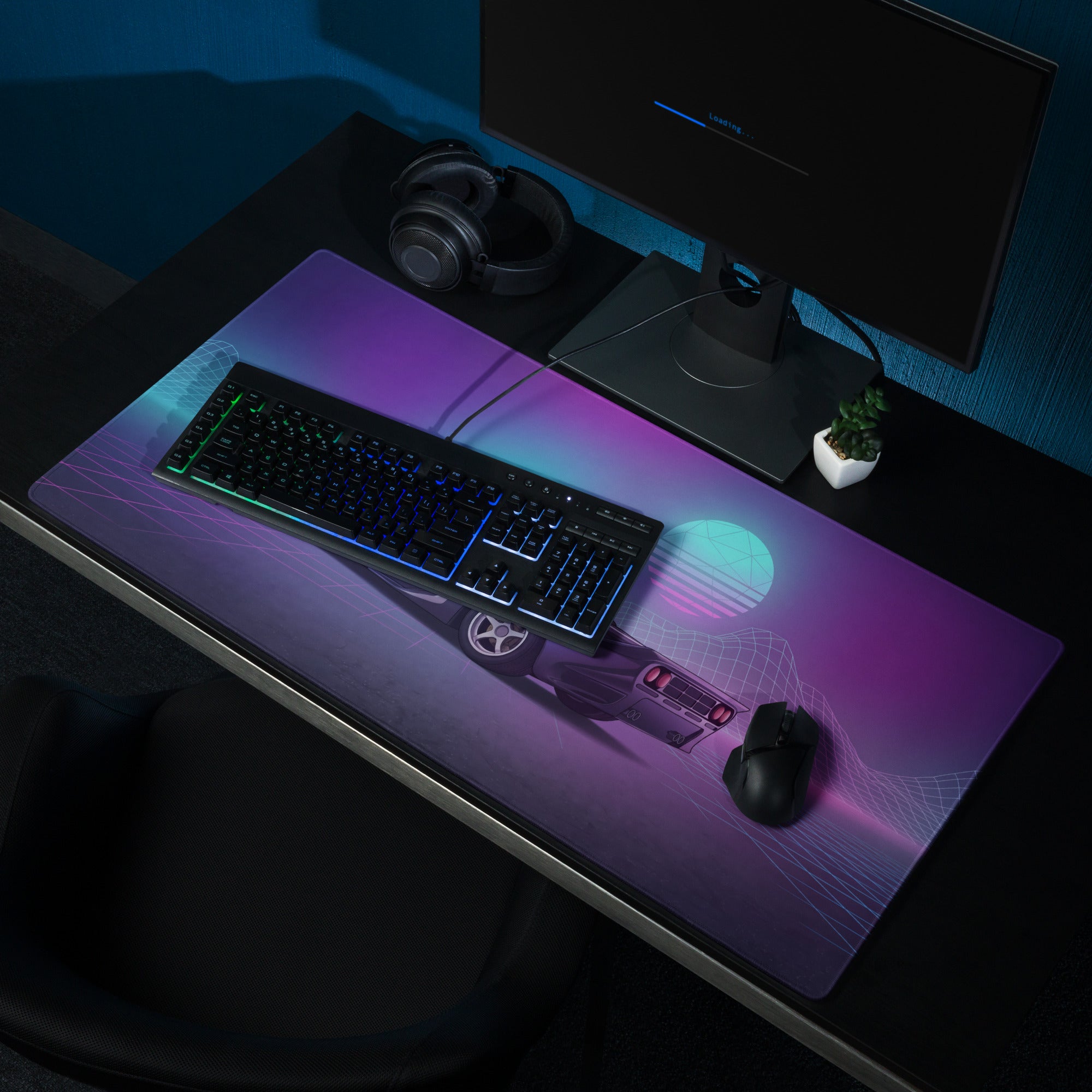 McLaren F1 Inspired Blue Purple Vaporwave Gaming Mouse Pad – Retro Futuristic Neon Grid Desk Mat with Synthwave Mountains and Sunset Art