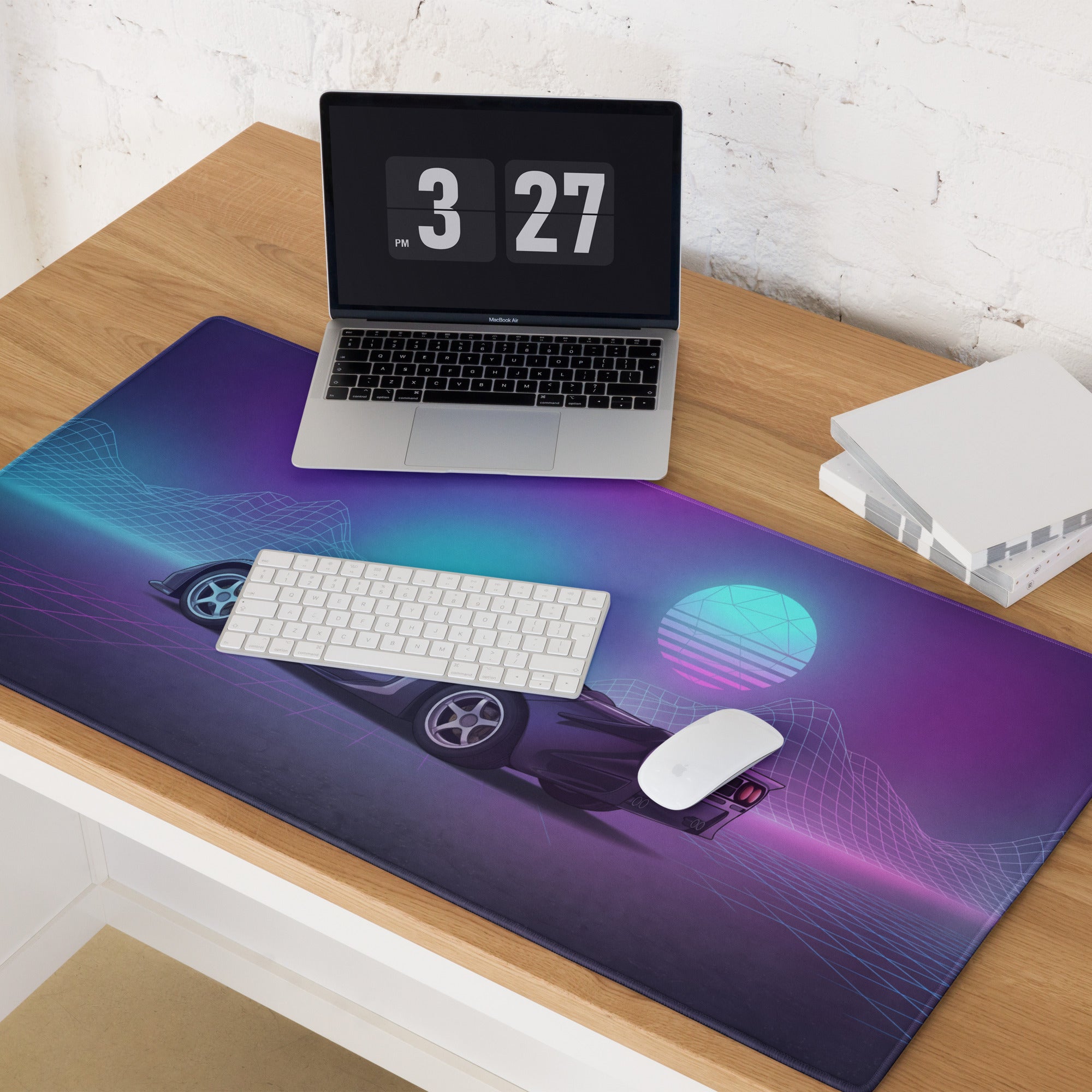McLaren F1 Inspired Blue Purple Vaporwave Gaming Mouse Pad – Retro Futuristic Neon Grid Desk Mat with Synthwave Mountains and Sunset Art
