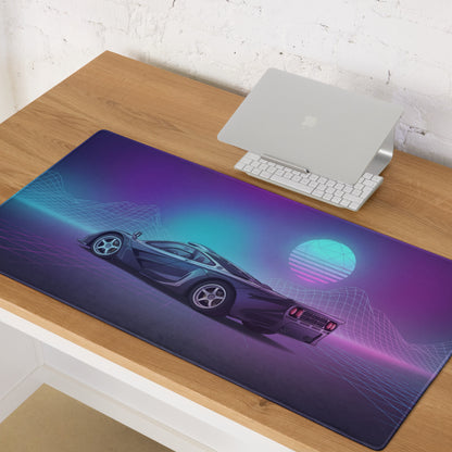McLaren F1 Inspired Blue Purple Vaporwave Gaming Mouse Pad – Retro Futuristic Neon Grid Desk Mat with Synthwave Mountains and Sunset Art