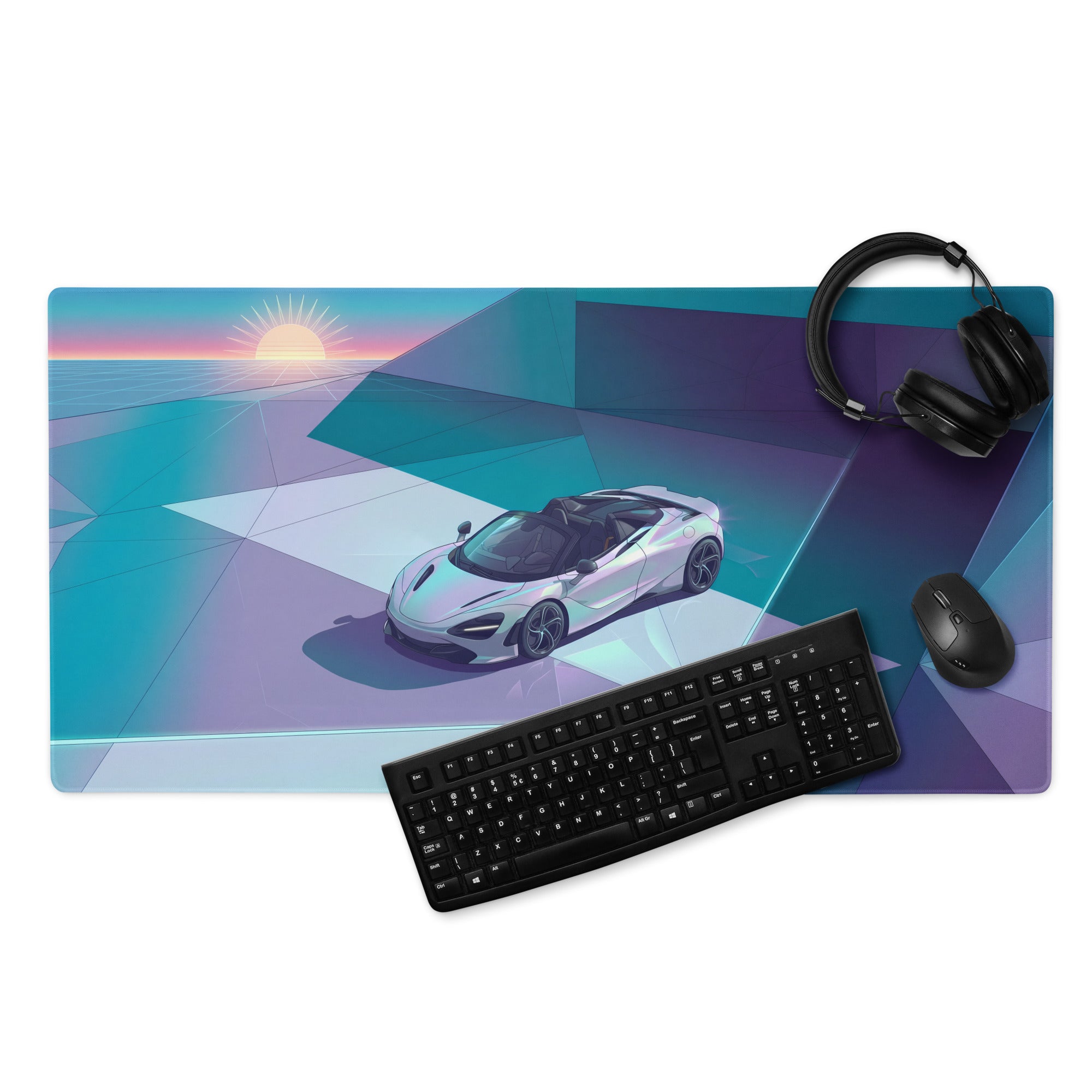 McLaren 720S Spider Inspired White Teal Vaporwave Gaming Mouse Pad – Retro Futuristic Geometric Sunset Desk Mat with Sleek Synthwave Art