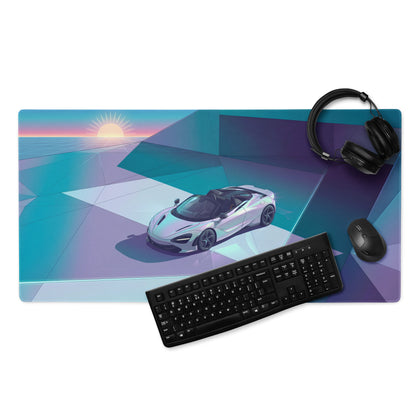 McLaren 720S Spider Inspired White Teal Vaporwave Gaming Mouse Pad – Retro Futuristic Geometric Sunset Desk Mat with Sleek Synthwave Art