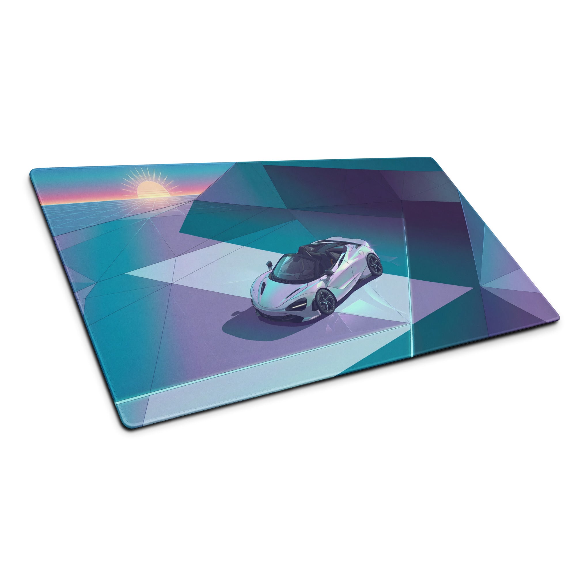 McLaren 720S Spider Inspired White Teal Vaporwave Gaming Mouse Pad – Retro Futuristic Geometric Sunset Desk Mat with Sleek Synthwave Art