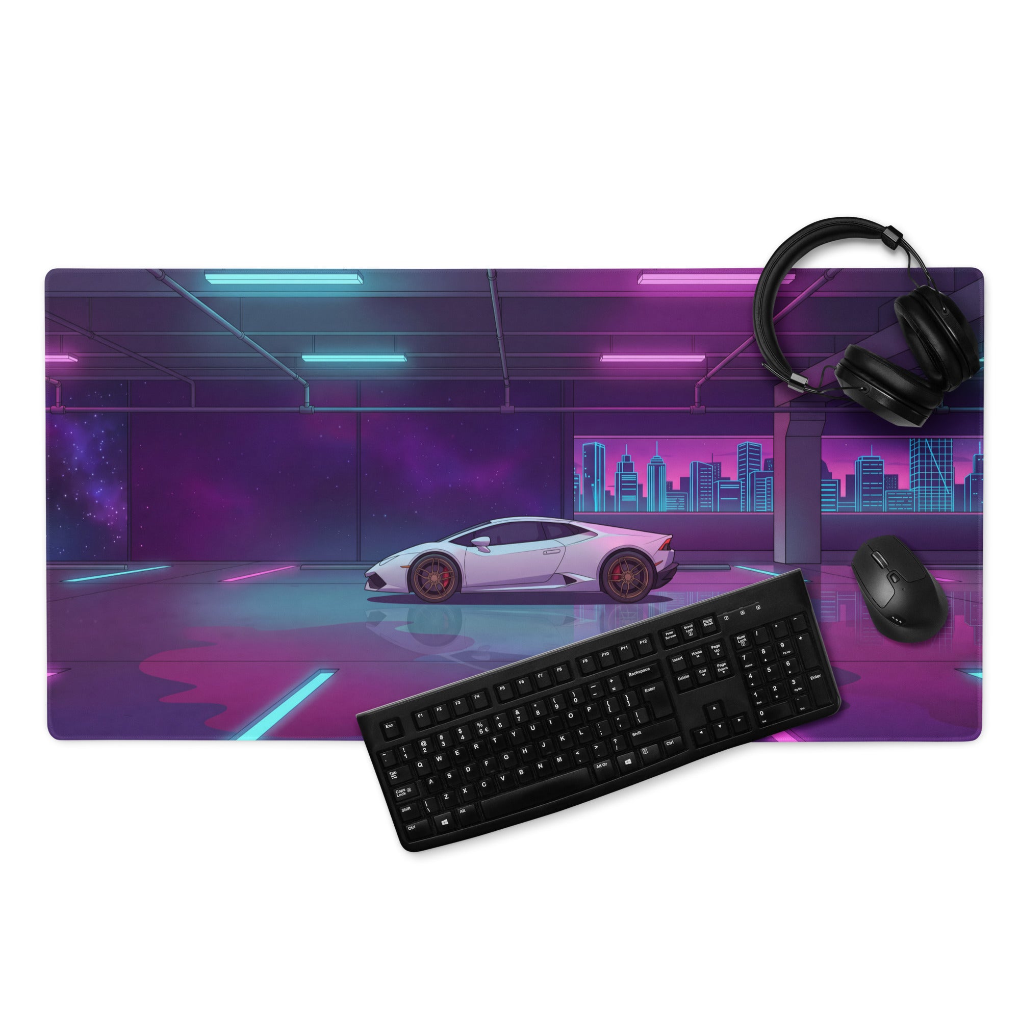 Lamborghini Huracán Inspired White Vaporwave Gaming Mouse Pad – Neon Pink and Cyan Parking Garage Desk Mat with Retro Futuristic Cityscape Art