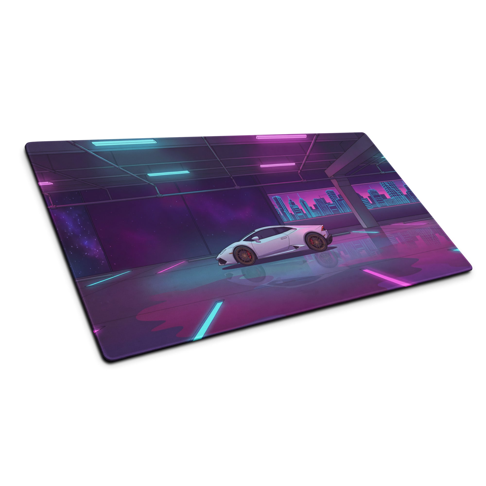 Lamborghini Huracán Inspired White Vaporwave Gaming Mouse Pad – Neon Pink and Cyan Parking Garage Desk Mat with Retro Futuristic Cityscape Art