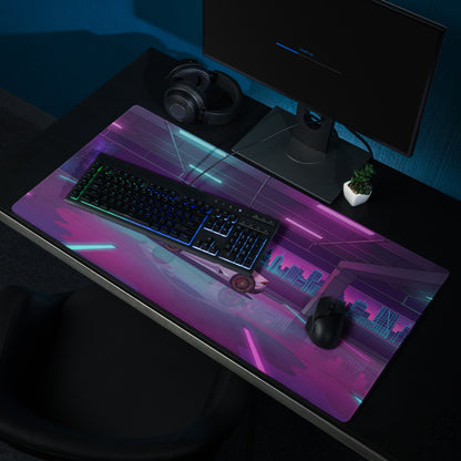 Lamborghini Huracán Inspired White Vaporwave Gaming Mouse Pad – Neon Pink and Cyan Parking Garage Desk Mat with Retro Futuristic Cityscape Art