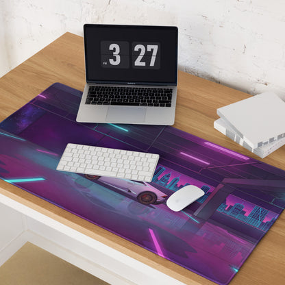 Lamborghini Huracán Inspired White Vaporwave Gaming Mouse Pad – Neon Pink and Cyan Parking Garage Desk Mat with Retro Futuristic Cityscape Art