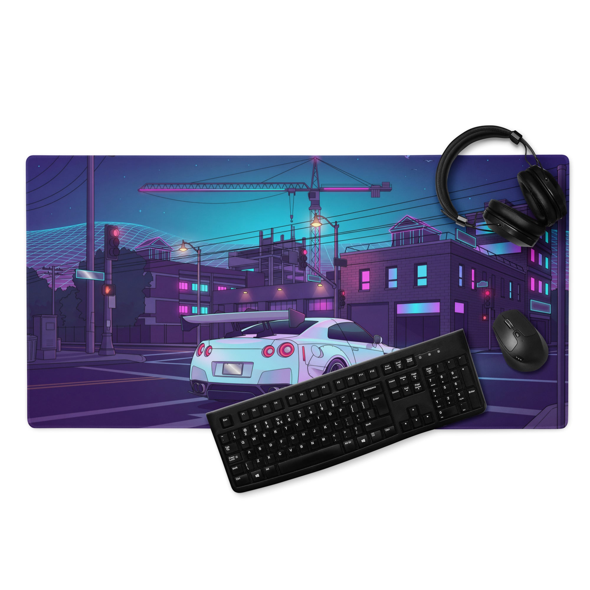 Nissan GT-R R35 Inspired White Vaporwave Gaming Mouse Pad – Neon Cyberpunk City Desk Mat with Construction Site, Synthwave Skyline and Retro Night Art