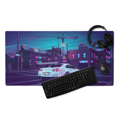 Nissan GT-R R35 Inspired White Vaporwave Gaming Mouse Pad – Neon Cyberpunk City Desk Mat with Construction Site, Synthwave Skyline and Retro Night Art