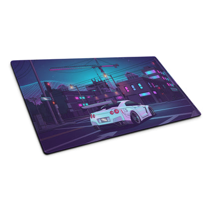 Nissan GT-R R35 Inspired White Vaporwave Gaming Mouse Pad – Neon Cyberpunk City Desk Mat with Construction Site, Synthwave Skyline and Retro Night Art