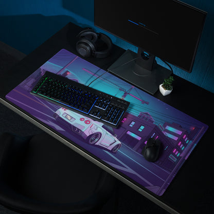 Nissan GT-R R35 Inspired White Vaporwave Gaming Mouse Pad – Neon Cyberpunk City Desk Mat with Construction Site, Synthwave Skyline and Retro Night Art