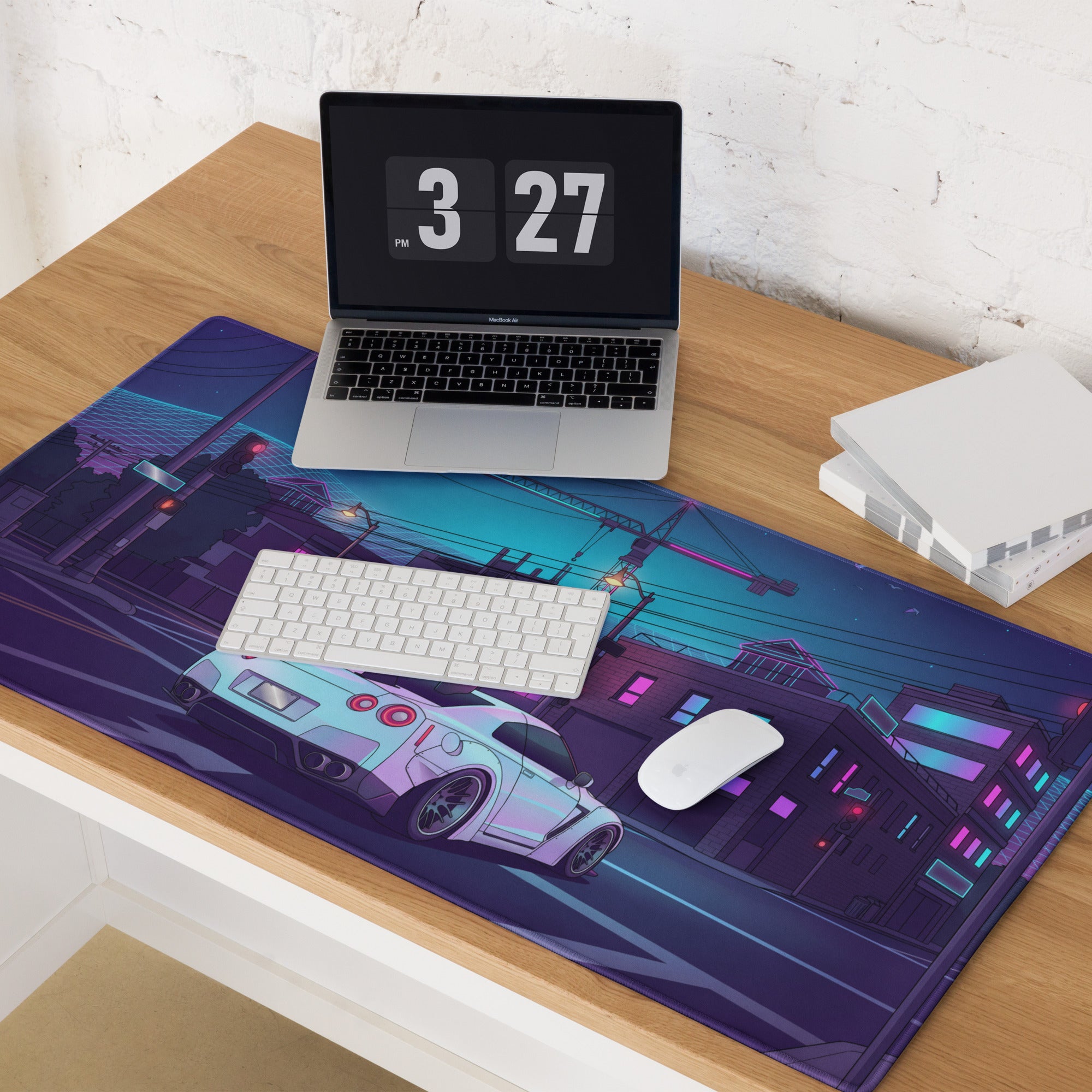 Nissan GT-R R35 Inspired White Vaporwave Gaming Mouse Pad – Neon Cyberpunk City Desk Mat with Construction Site, Synthwave Skyline and Retro Night Art