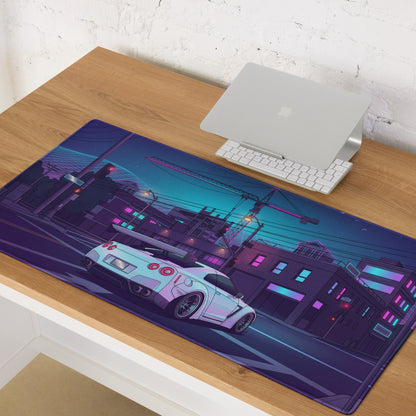 Nissan GT-R R35 Inspired White Vaporwave Gaming Mouse Pad – Neon Cyberpunk City Desk Mat with Construction Site, Synthwave Skyline and Retro Night Art