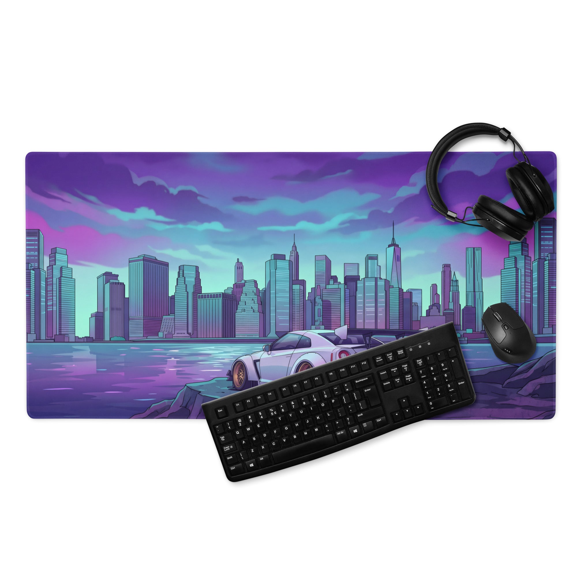 Nissan GT-R R35 Inspired White Purple Vaporwave Gaming Mouse Pad – Neon Futuristic City Skyline Desk Mat with Synthwave Waterfront Art