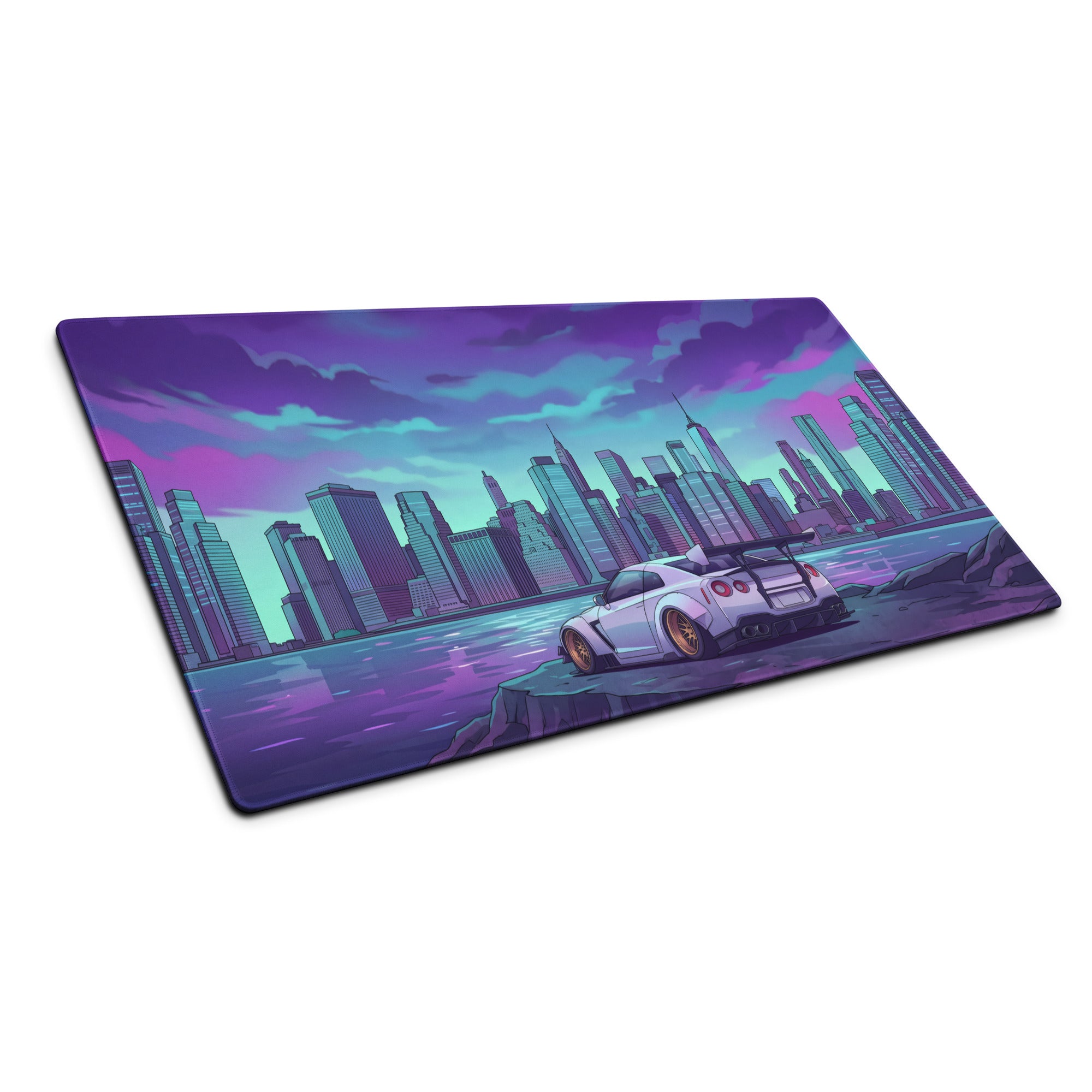 Nissan GT-R R35 Inspired White Purple Vaporwave Gaming Mouse Pad – Neon Futuristic City Skyline Desk Mat with Synthwave Waterfront Art