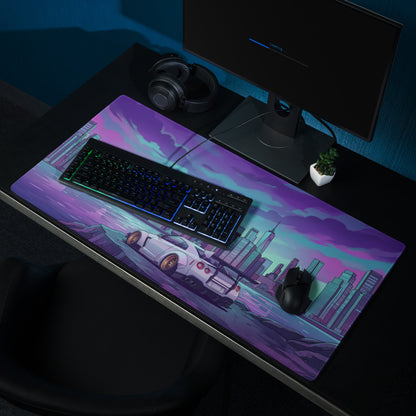 Nissan GT-R R35 Inspired White Purple Vaporwave Gaming Mouse Pad – Neon Futuristic City Skyline Desk Mat with Synthwave Waterfront Art