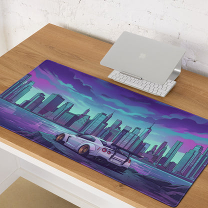 Nissan GT-R R35 Inspired White Purple Vaporwave Gaming Mouse Pad – Neon Futuristic City Skyline Desk Mat with Synthwave Waterfront Art