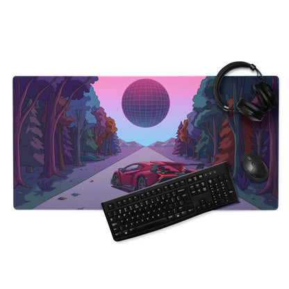 Lamborghini Essenza SCV12 Inspired Red Vaporwave Gaming Mouse Pad – Neon Forest Road Desk Mat with Retro Futuristic Synthwave Sunset Art