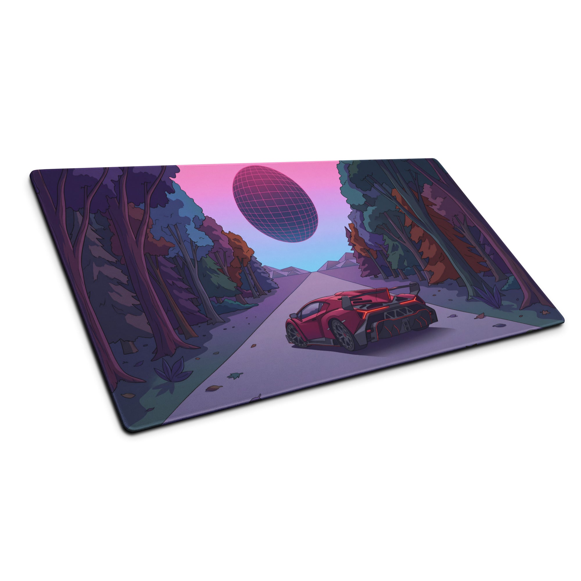 Lamborghini Essenza SCV12 Inspired Red Vaporwave Gaming Mouse Pad – Neon Forest Road Desk Mat with Retro Futuristic Synthwave Sunset Art