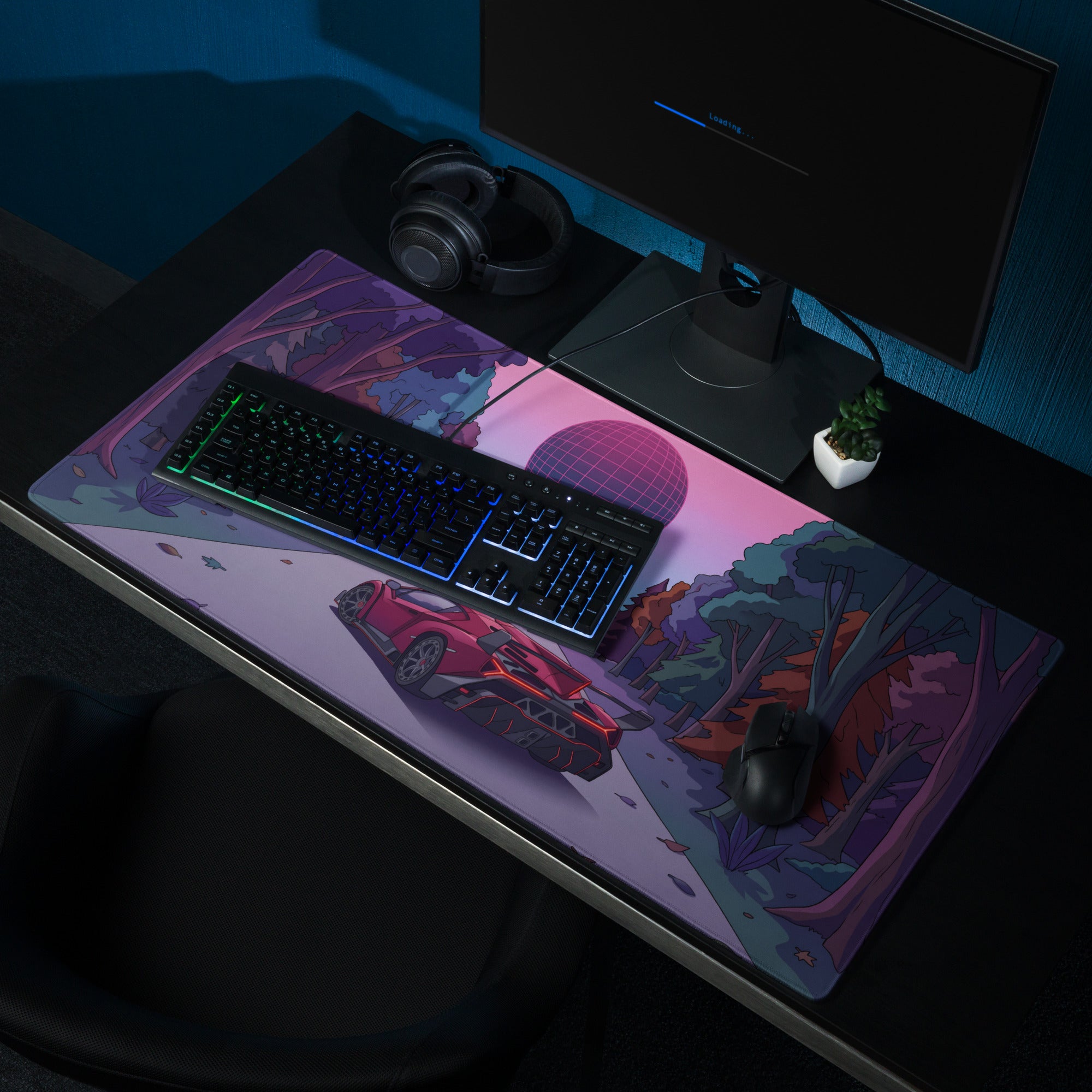 Lamborghini Essenza SCV12 Inspired Red Vaporwave Gaming Mouse Pad – Neon Forest Road Desk Mat with Retro Futuristic Synthwave Sunset Art