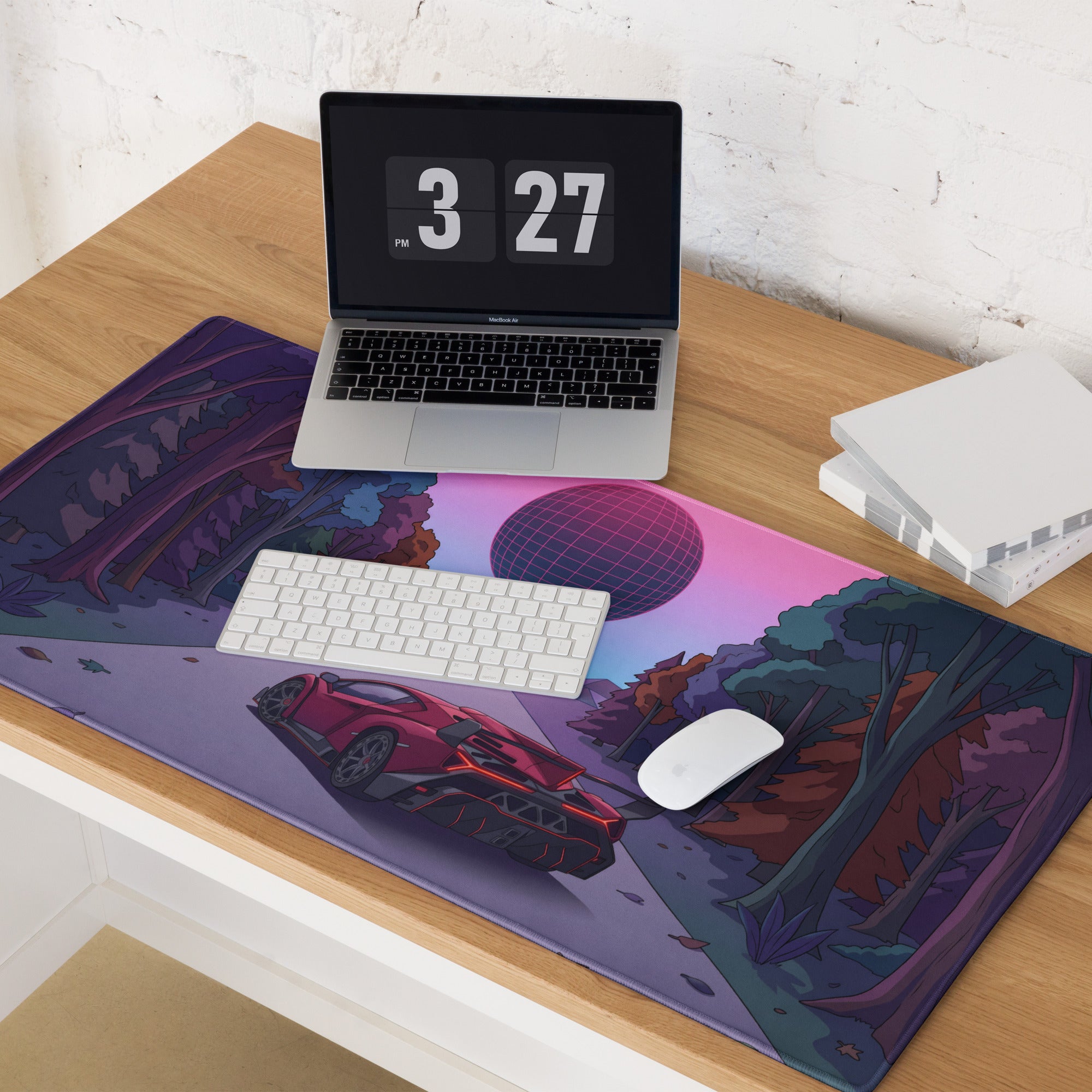 Lamborghini Essenza SCV12 Inspired Red Vaporwave Gaming Mouse Pad – Neon Forest Road Desk Mat with Retro Futuristic Synthwave Sunset Art