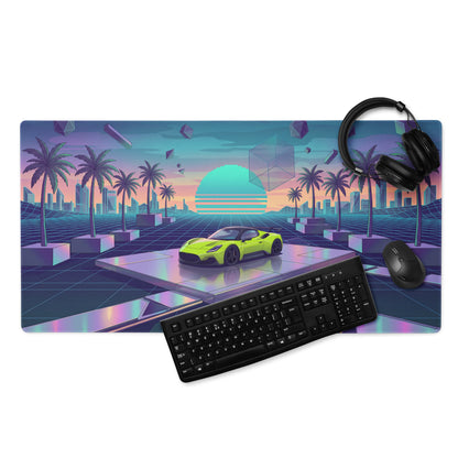 Maserati MC20 Inspired Lime Green Vaporwave Gaming Mouse Pad – Neon Retro Futuristic Cityscape Desk Mat with Palm Trees and Synthwave Art