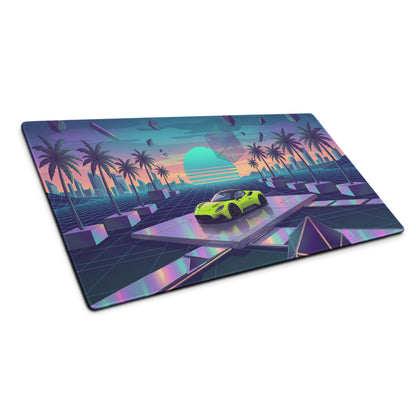 Maserati MC20 Inspired Lime Green Vaporwave Gaming Mouse Pad – Neon Retro Futuristic Cityscape Desk Mat with Palm Trees and Synthwave Art