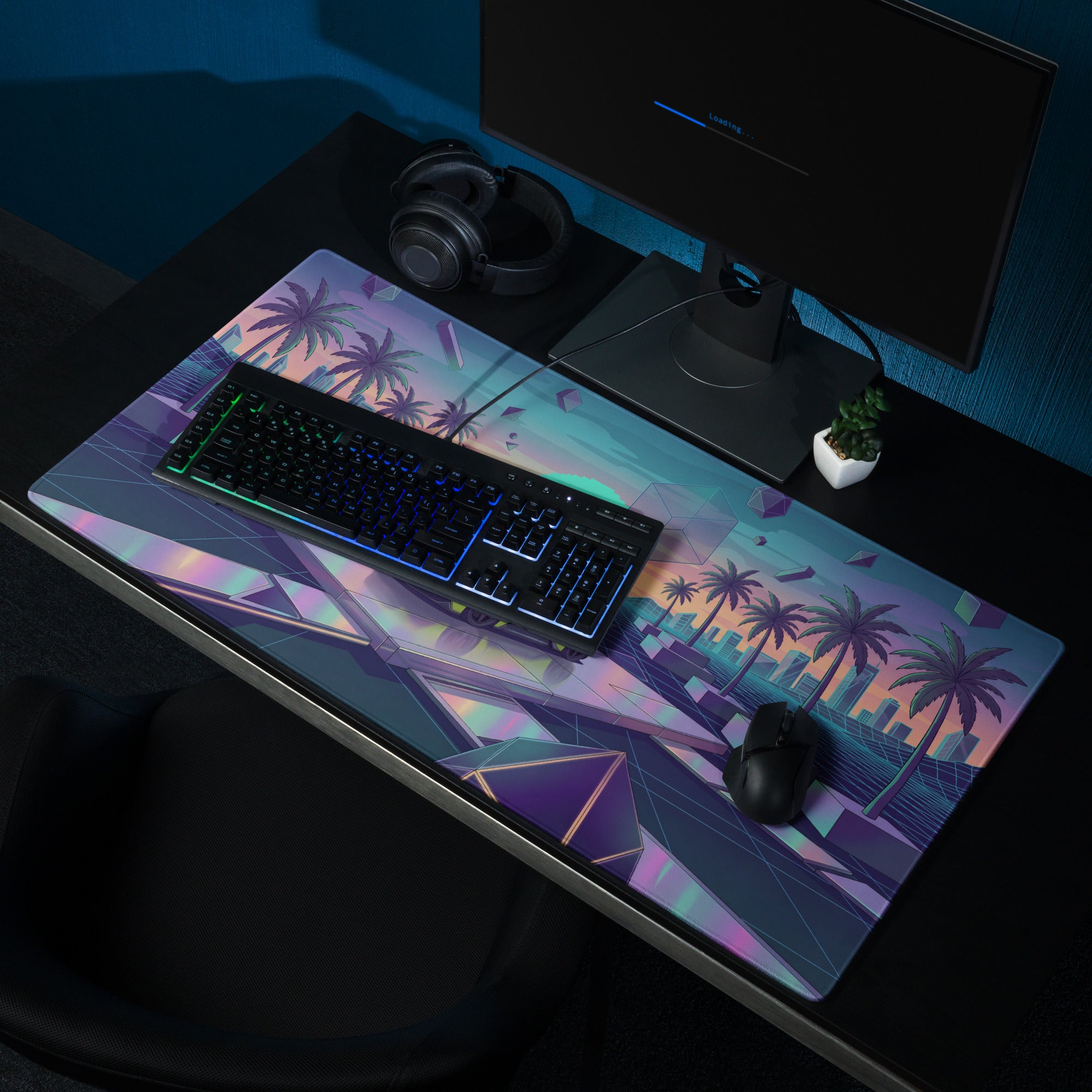 Maserati MC20 Inspired Lime Green Vaporwave Gaming Mouse Pad – Neon Retro Futuristic Cityscape Desk Mat with Palm Trees and Synthwave Art