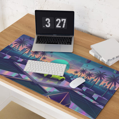 Maserati MC20 Inspired Lime Green Vaporwave Gaming Mouse Pad – Neon Retro Futuristic Cityscape Desk Mat with Palm Trees and Synthwave Art