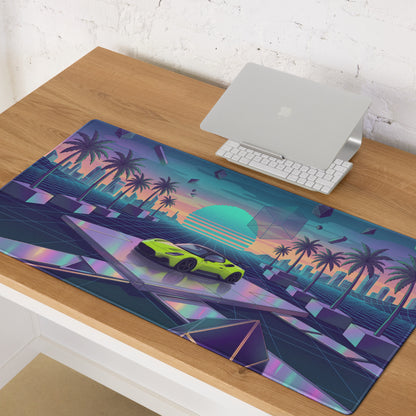 Maserati MC20 Inspired Lime Green Vaporwave Gaming Mouse Pad – Neon Retro Futuristic Cityscape Desk Mat with Palm Trees and Synthwave Art