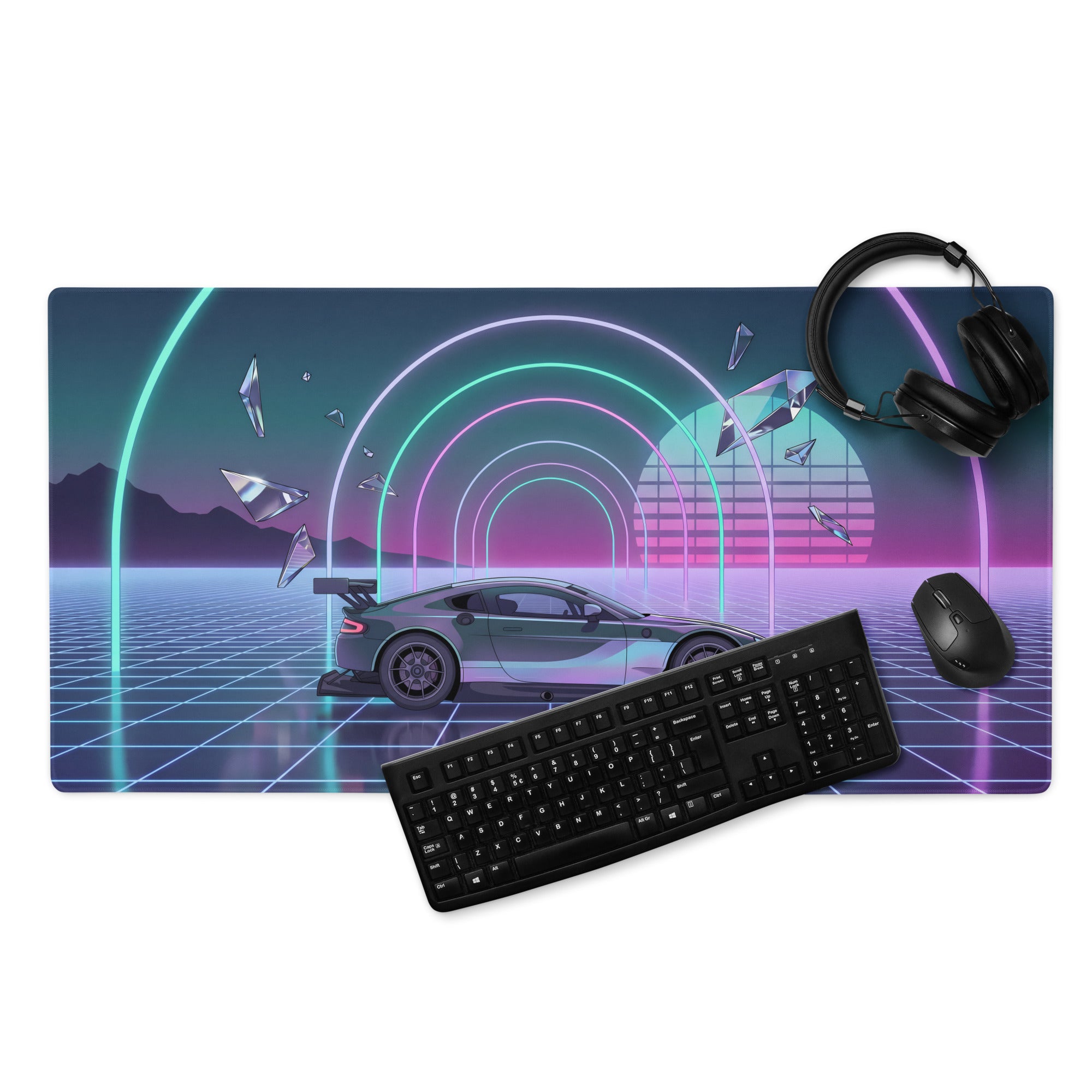 Aston Martin Vantage GT3 Inspired Silver Vaporwave Gaming Mouse Pad – Neon Cyan Pink Grid Desk Mat with Retro Futuristic Synthwave Tunnel Art