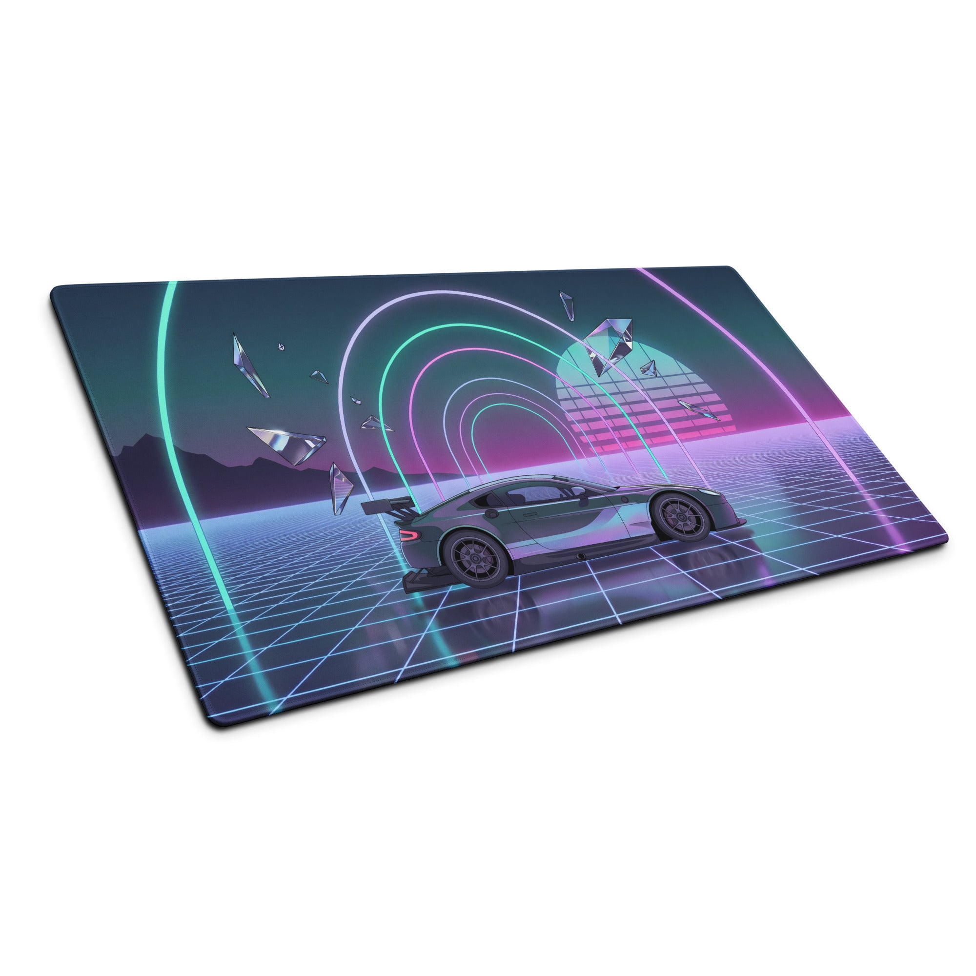 Aston Martin Vantage GT3 Inspired Silver Vaporwave Gaming Mouse Pad – Neon Cyan Pink Grid Desk Mat with Retro Futuristic Synthwave Tunnel Art