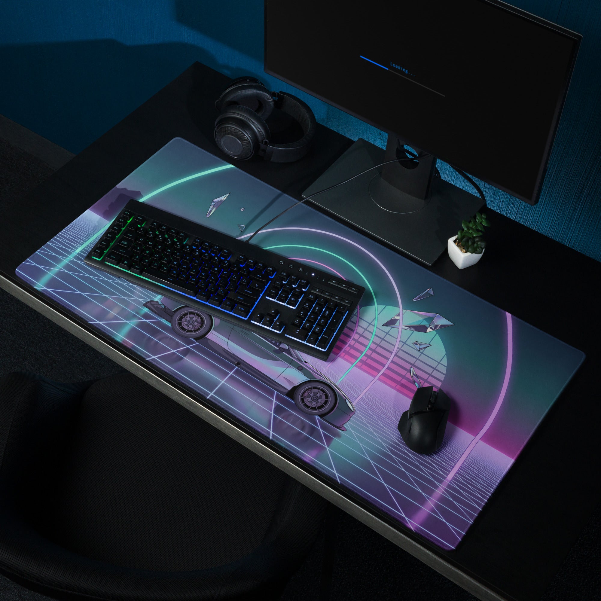Aston Martin Vantage GT3 Inspired Silver Vaporwave Gaming Mouse Pad – Neon Cyan Pink Grid Desk Mat with Retro Futuristic Synthwave Tunnel Art