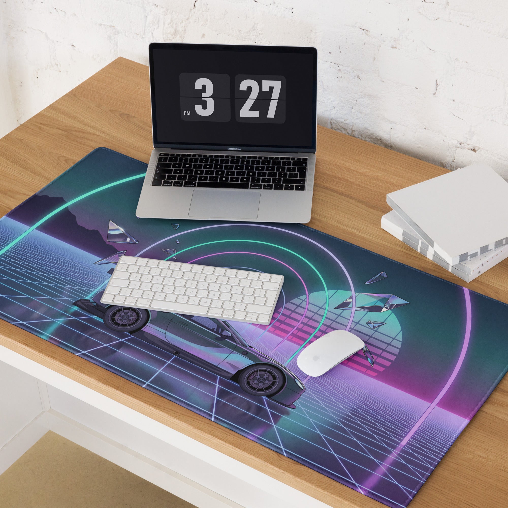 Aston Martin Vantage GT3 Inspired Silver Vaporwave Gaming Mouse Pad – Neon Cyan Pink Grid Desk Mat with Retro Futuristic Synthwave Tunnel Art