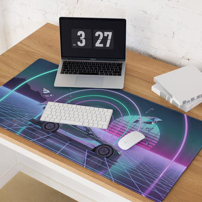 Aston Martin Vantage GT3 Inspired Silver Vaporwave Gaming Mouse Pad – Neon Cyan Pink Grid Desk Mat with Retro Futuristic Synthwave Tunnel Art
