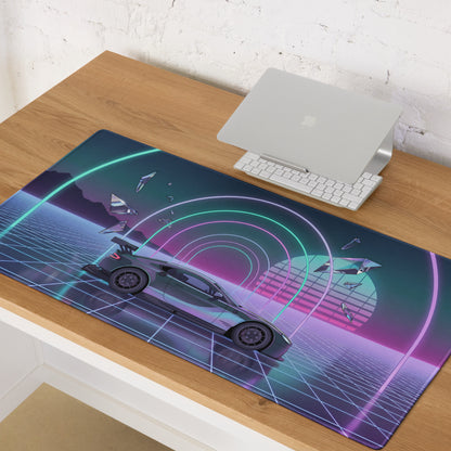 Aston Martin Vantage GT3 Inspired Silver Vaporwave Gaming Mouse Pad – Neon Cyan Pink Grid Desk Mat with Retro Futuristic Synthwave Tunnel Art